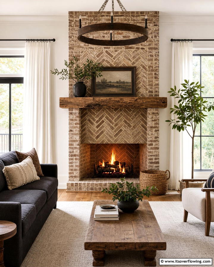 Herringbone Brick Fireplace Design - 25 Rustic Living Room Ideas with a Brick Fireplace