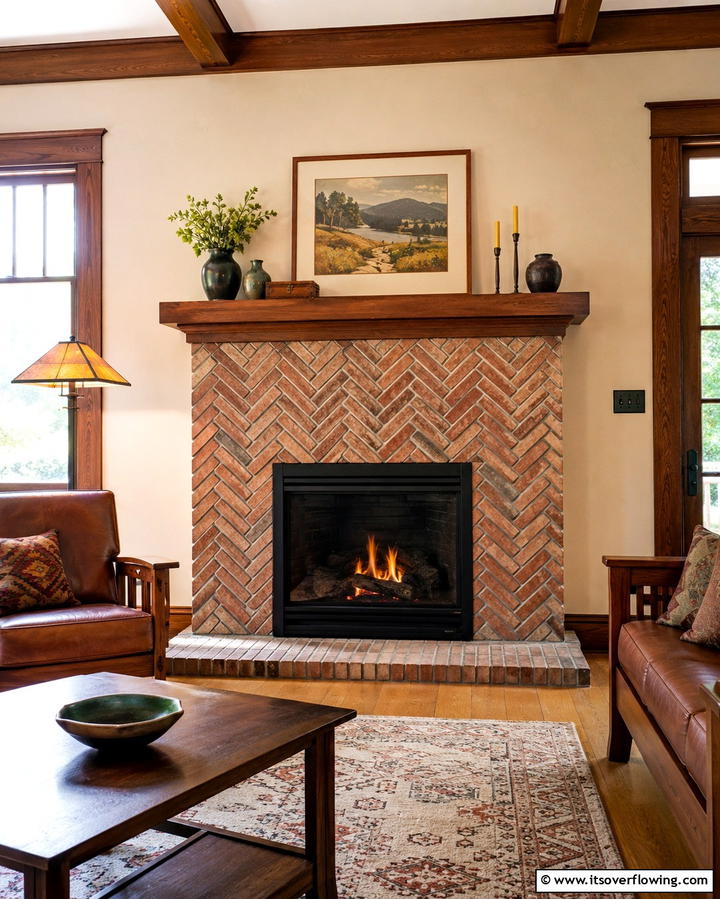 Herringbone Brick Pattern - 25 Craftsman-style Fireplace Ideas- Classic & Elegant Designs