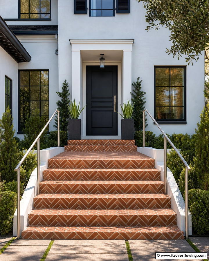 Herringbone Brick Pattern for a Sophisticated Touch - 25 Brick Front Steps Design Ideas for Curb Appeal