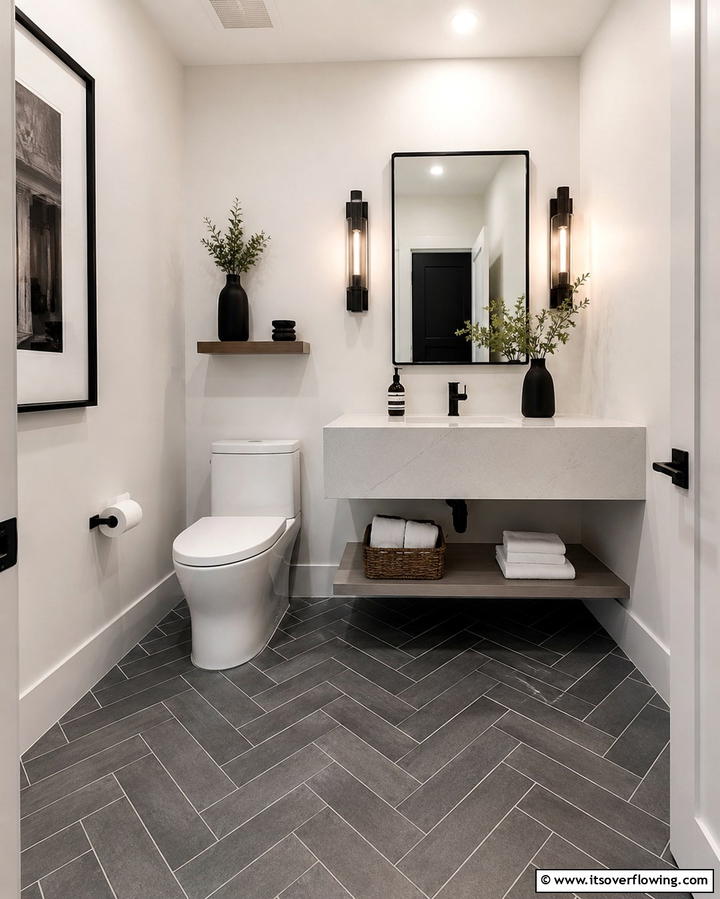 Herringbone Gray Tiles for a Stylish Pattern - 30 Gray Floor Bathroom Design Ideas for Sleek Minimalism