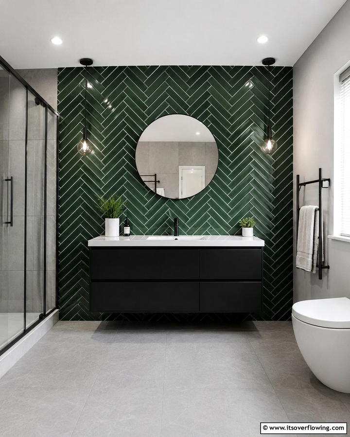 Herringbone Green Tile Layout - 30 Green Tile Bathroom Inspiration Ideas for Bold Spaces