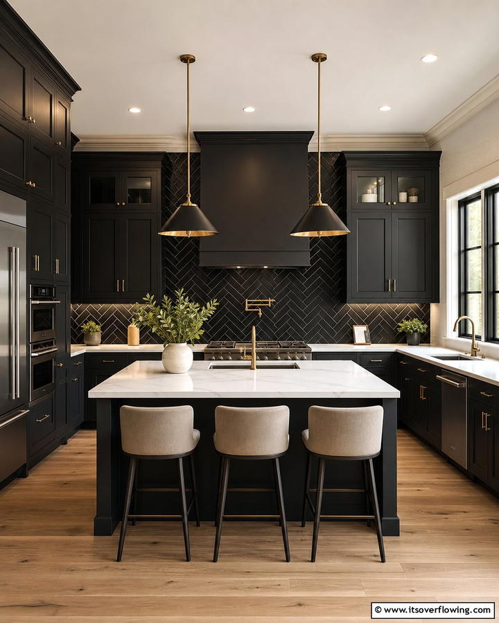 Herringbone Layout - 25 Kitchen With Black Backsplash Ideas for Drama