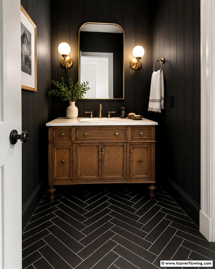Herringbone Layout Tiles - 30 Powder Room Floor Tile Ideas for Elegant Small Spaces