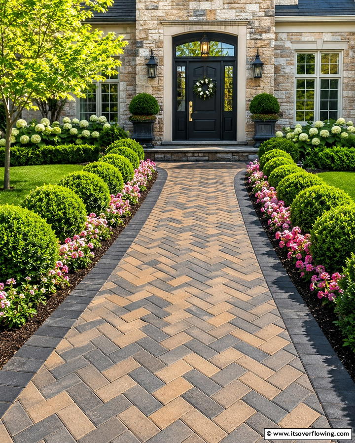 Herringbone Layout - 25 Concrete Paver Walkway Ideas for Durable Design