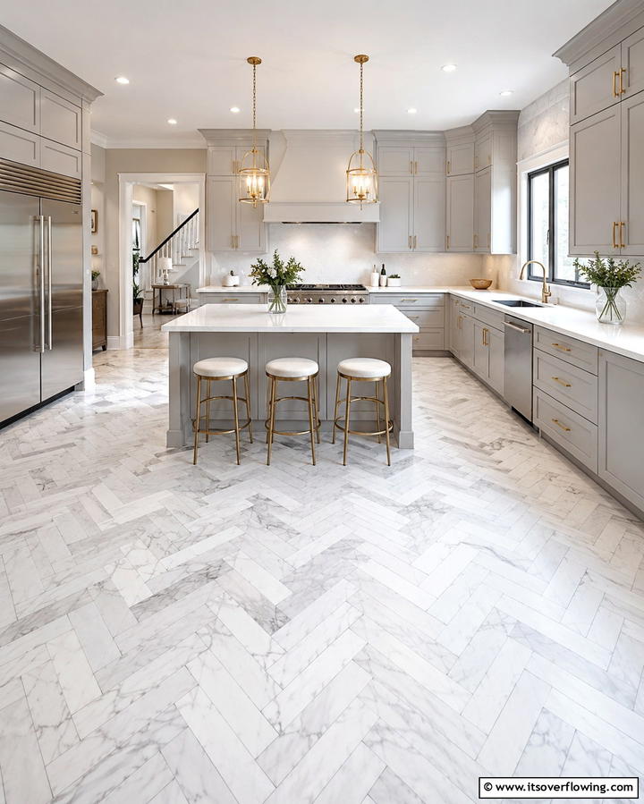 Herringbone Marble Layout - 25 Marble Kitchen Floor Ideas for Timeless Elegance