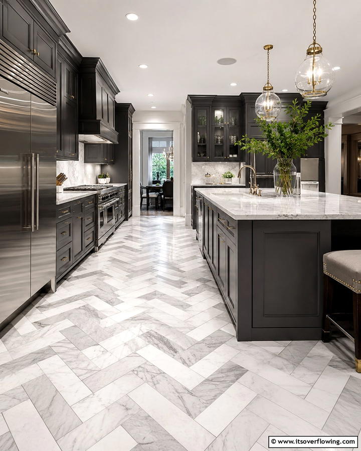Herringbone Marble Pattern - 25 Marble Kitchen Floor Ideas for Timeless Elegance