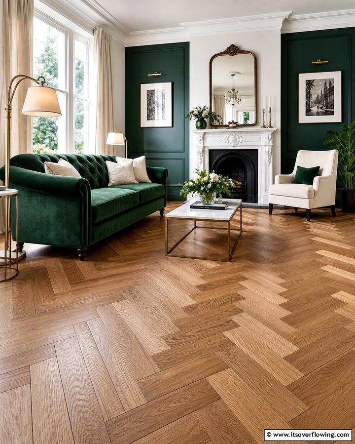 Herringbone Pattern - 25 Living Room Wood Floor Ideas for a Warm Ambiance