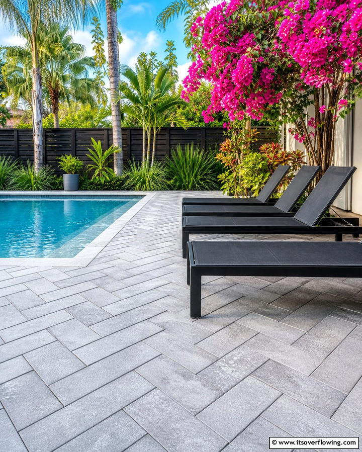 Herringbone Pattern - 25 Stamped Concrete Pool Deck Ideas for Durability