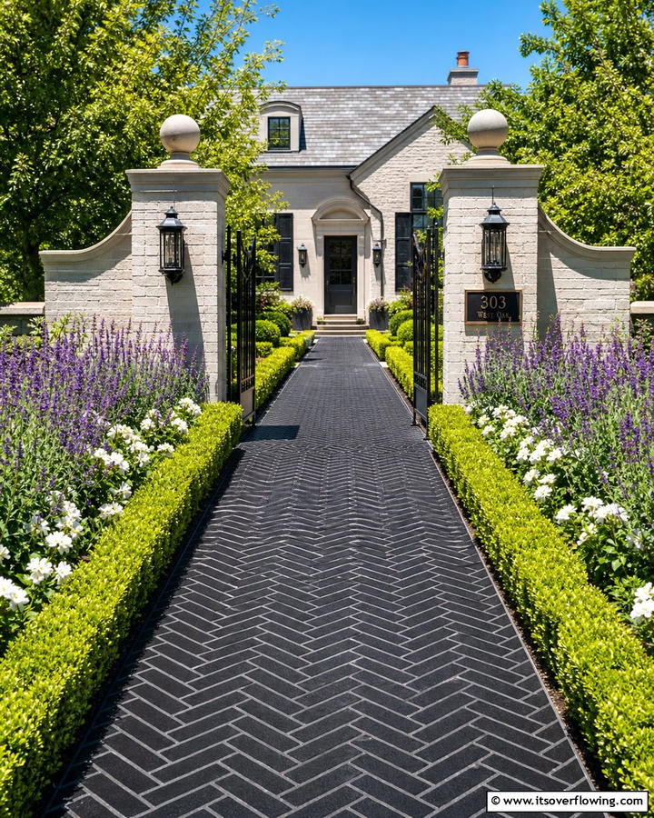 Herringbone Pattern Black Brick Walkway - 20 Black Brick Walkway Ideas for a Dramatic Entrance