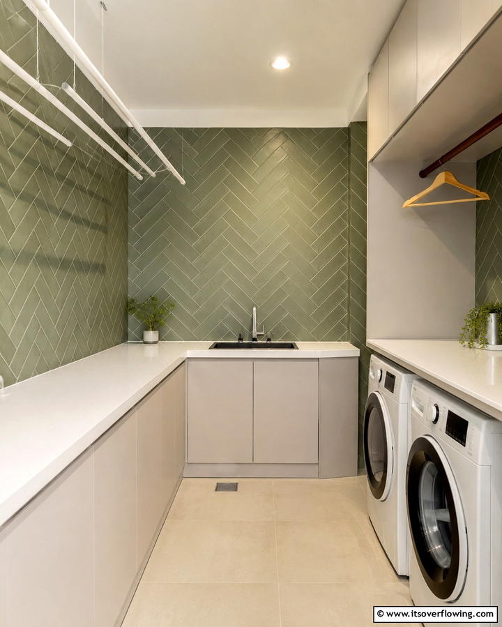 Herringbone Pattern Tiles for Subtle Sophistication - 30 Laundry Room Tile Ideas for Durable Style Updates