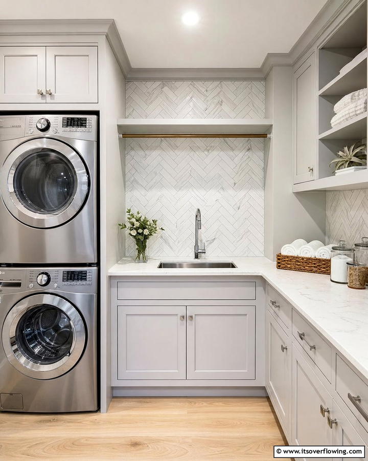 Herringbone Pattern Tiles - 20 Laundry Room Backsplash Ideas for a Stylish and Practical Space