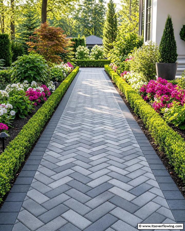 Herringbone Pattern for Visual Interest - 20 Grey Paver Walkway Ideas for a Modern Landscape