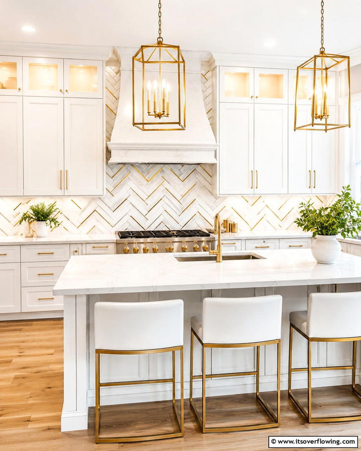 Herringbone Pattern with Gold Accents - 25 White and Gold Kitchen Backsplash Ideas for Elegance