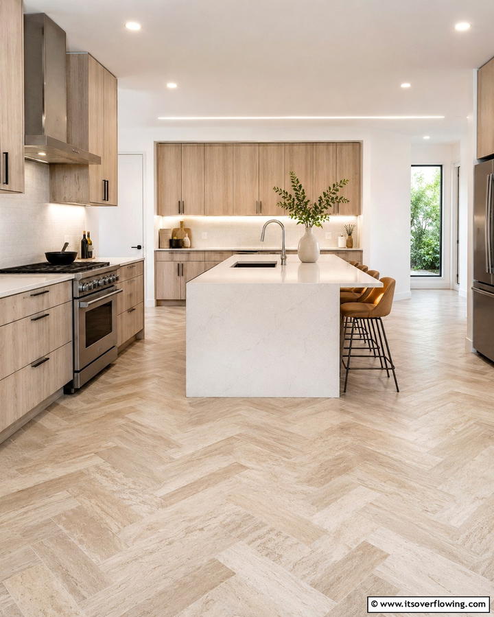 Herringbone Pattern with Travertine Tiles - 25 Travertine Floor Kitchen Ideas for Elegance