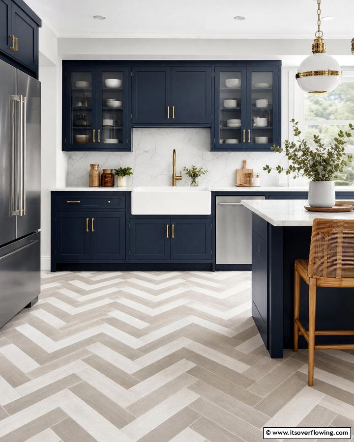 Herringbone Patterned Floor - 21 Kitchen Floor Tile Ideas- Durable & Stylish Options