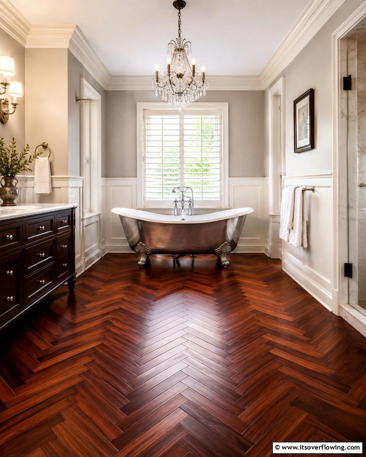 Herringbone Patterns for Timeless Elegance - 30 Wood Floor Ideas for Bathrooms- Warmth Meets Function