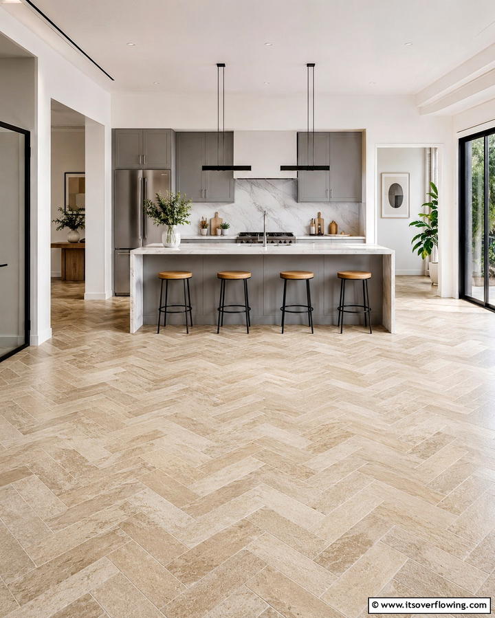 Herringbone Tile Layout - 25 Travertine Floor Kitchen Ideas for Elegance