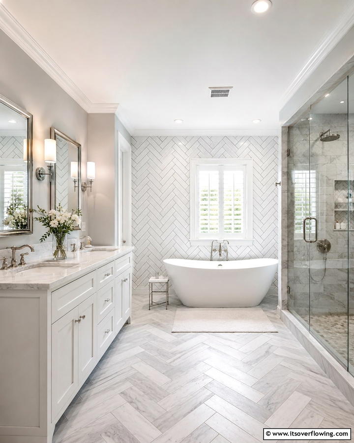 Herringbone Tile Patterns - 30 Elegant White Tile Bathroom Design Concepts