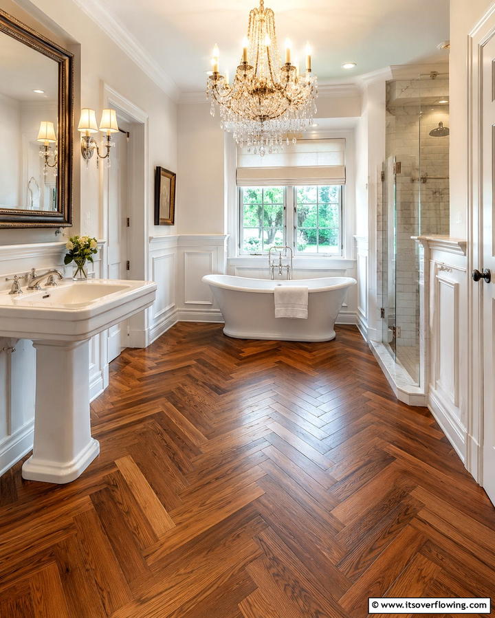 Herringbone Wood Flooring - 30 Wood Floor Ideas for Bathrooms- Warmth Meets Function