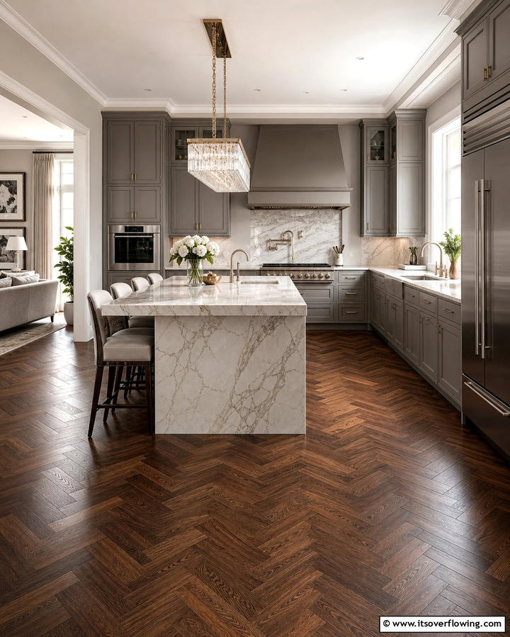 Herringbone Wood for Timeless Sophistication - 25 Kitchen Flooring Ideas for Durability and Style