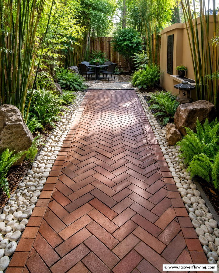 Herringbone with Pebble Borders - 25 Herringbone Brick Patio Designs for a Classic Look
