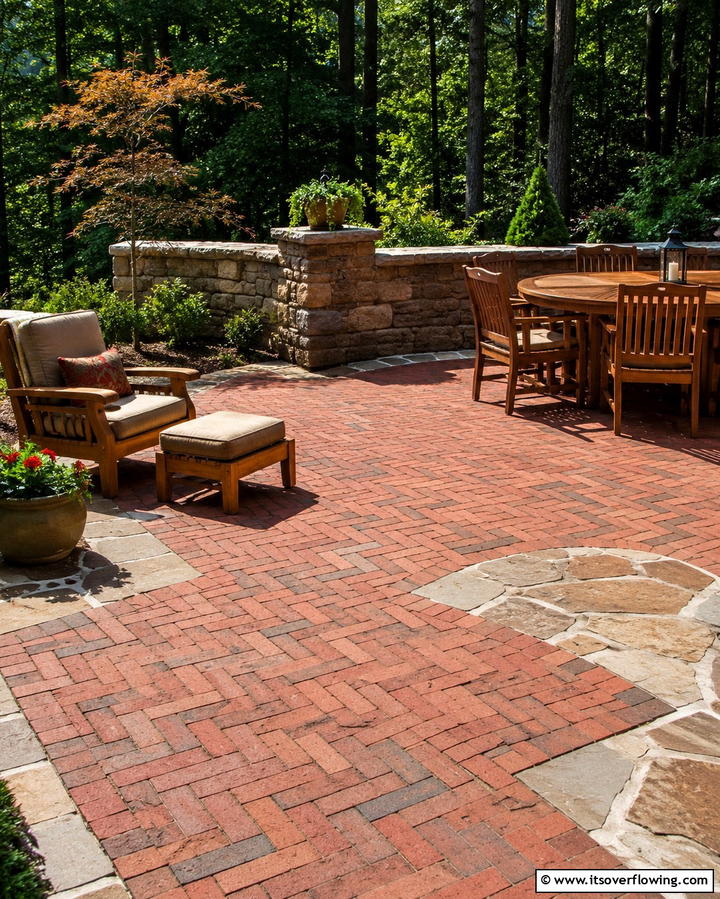Herringbone with Stone Accents - 25 Herringbone Brick Patio Designs for a Classic Look