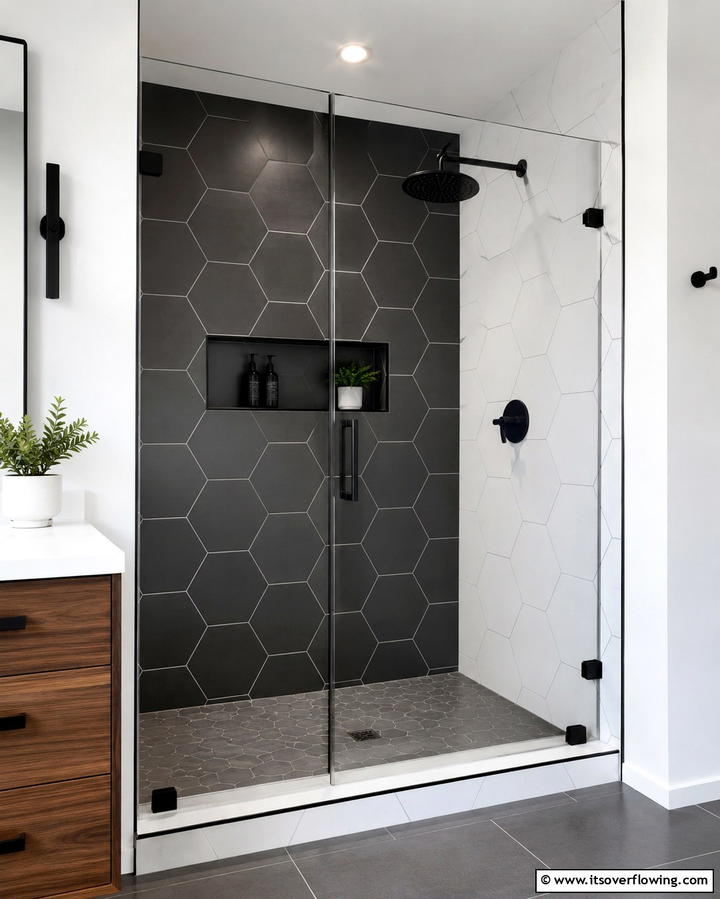 Hexagon Tiles for Geometric Elegance - 25 Walk-in Shower Tile Ideas for a Luxurious Bathroom