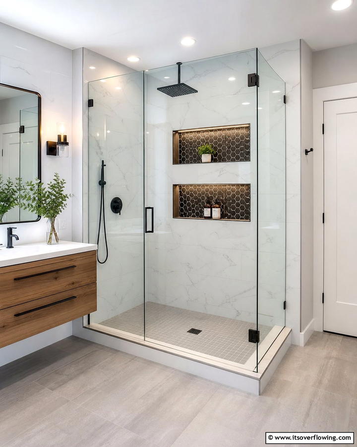 Hexagon Tiles in Shower Niches - 20 Hexagon Tiles Ideas for Bathrooms with Style