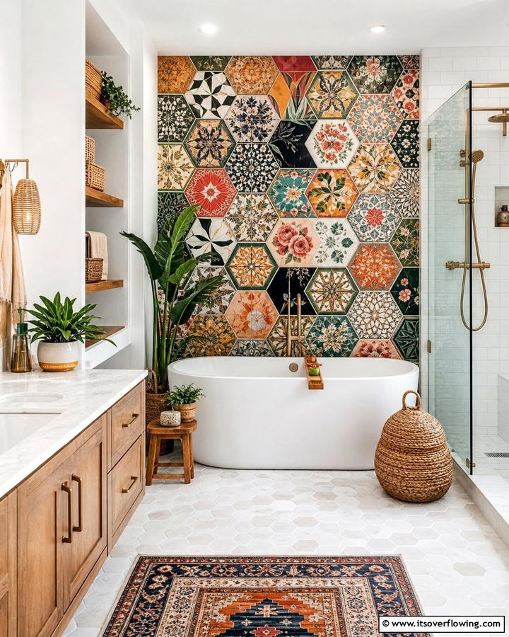 Hexagon Tiles with Bold Patterns - 20 Hexagon Tiles Ideas for Bathrooms with Style