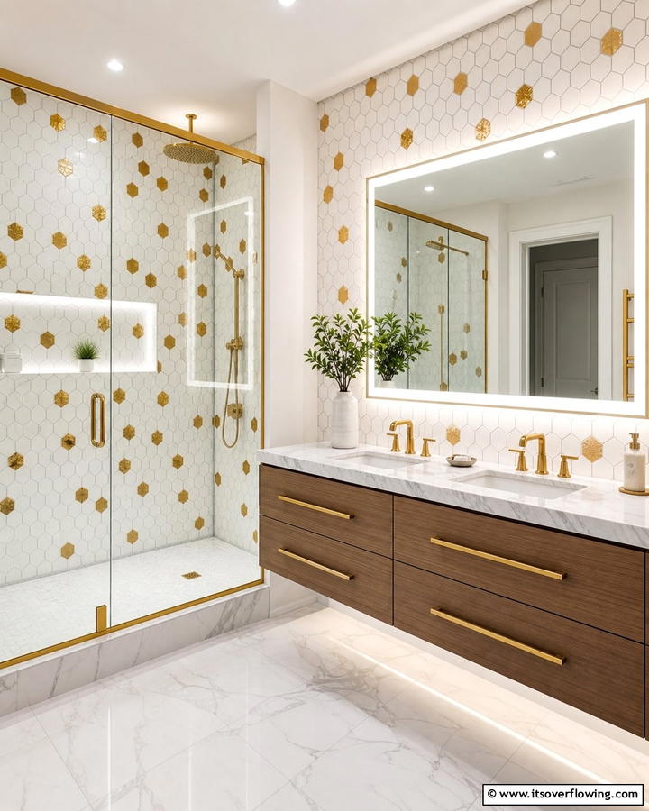 Hexagon Tiles with Metallic Accents - 20 Hexagon Tiles Ideas for Bathrooms with Style