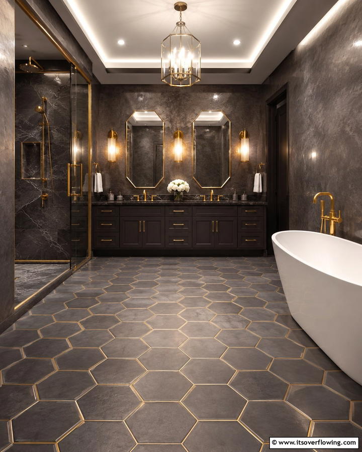 Hexagon Tiles with Metallic AccentsExact - 30 Bathrooms with Hexagon Tile Floor Design Ideas