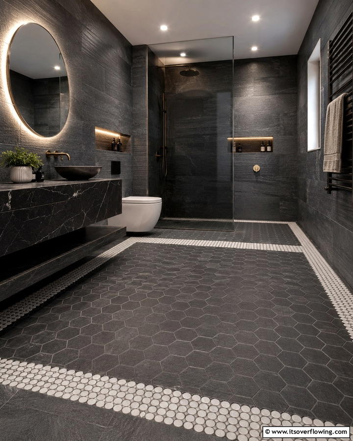 Hexagon and Penny Tile Combination - 25 Penny Tile Bathroom Floor Ideas for a Unique Look