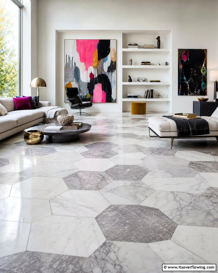 Hexagonal Marble Tiles for a Trendy Look - 25 Marble Floor Living Room Ideas for a Luxurious Space