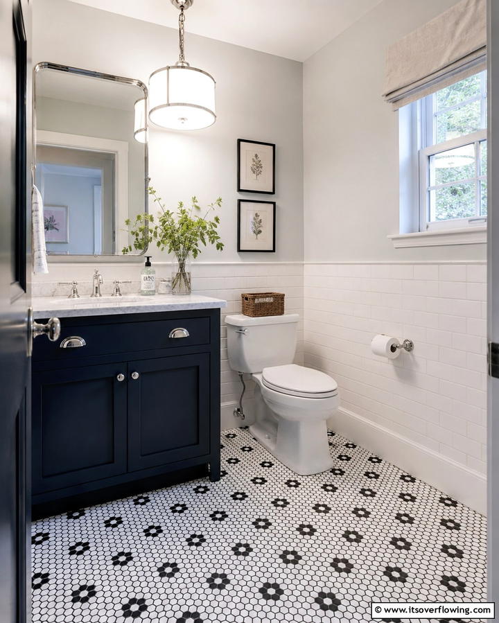 Hexagonal Mosaic Tiles - 30 Powder Room Floor Tile Ideas for Elegant Small Spaces