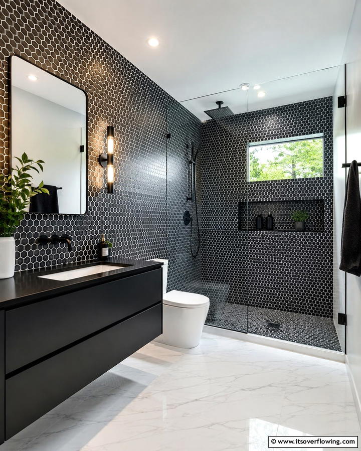 Hexagonal Mosaic Tiles - 30 Elegant White Tile Bathroom Design Concepts