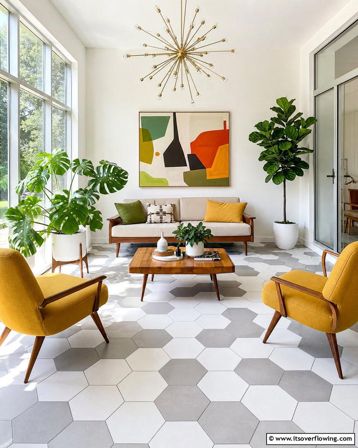 Hexagonal Tile Flooring - 20 Mid-century Modern Sunroom Ideas for a Retro Vibe