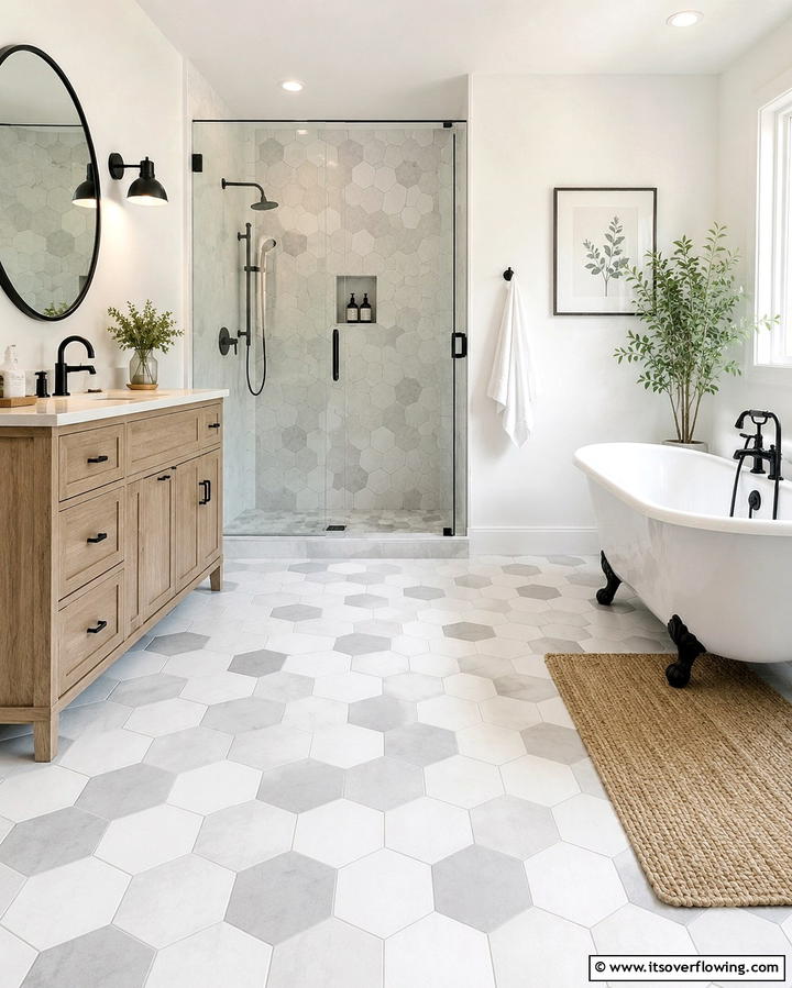 Hexagonal Tiles for Geometric Elegance - 30 Shower Floor Tile Ideas for Slip-Resistant Style