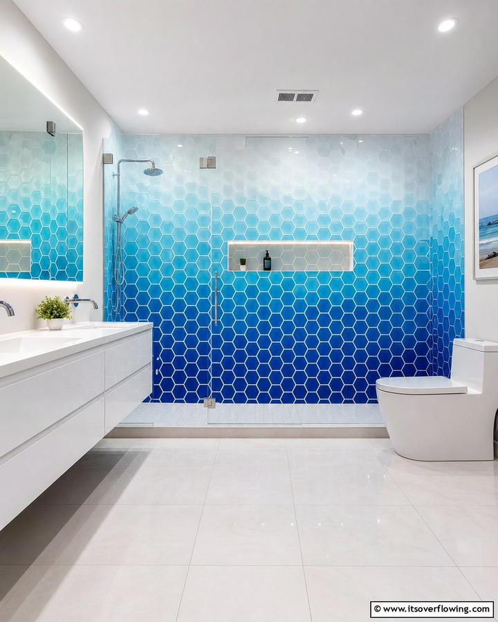 Hexagonal Tiles in Gradient Blue - 25 Stunning Blue Tile Bathroom Ideas for a Fresh Look