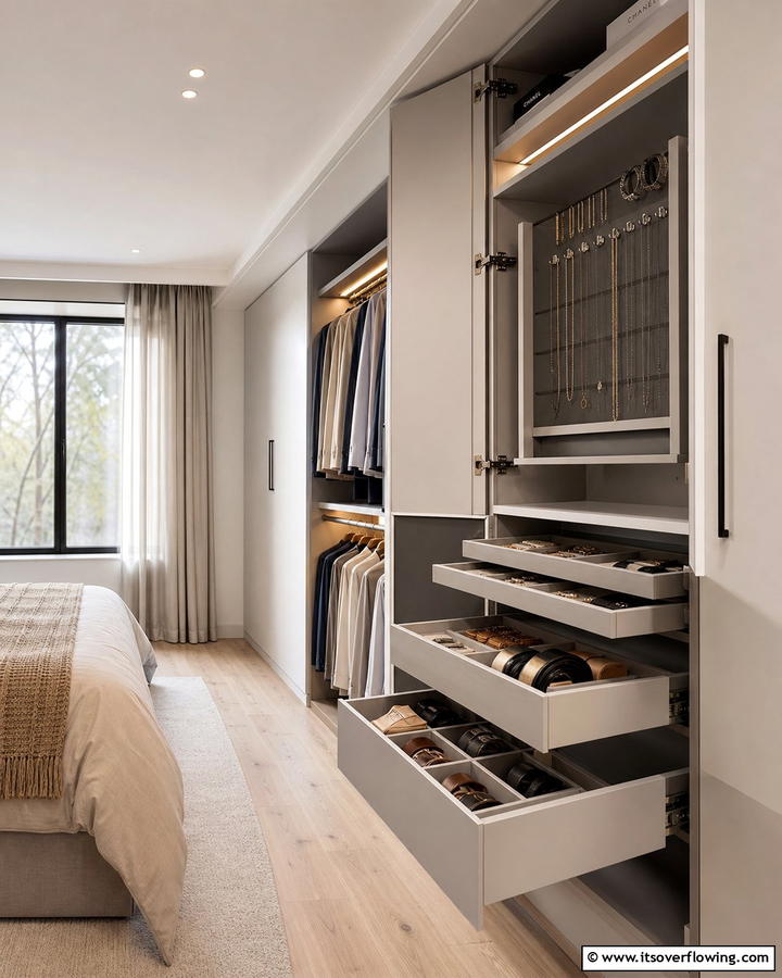 Hidden Accessories Organizer - 21 Space-Saving Built-In Wardrobe Ideas for Organized Homes