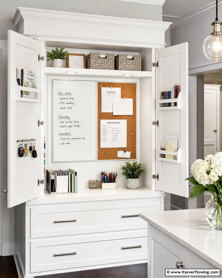 Hidden Cabinet Command Center - 25 Command Center Ideas to Organize Your Home and Life