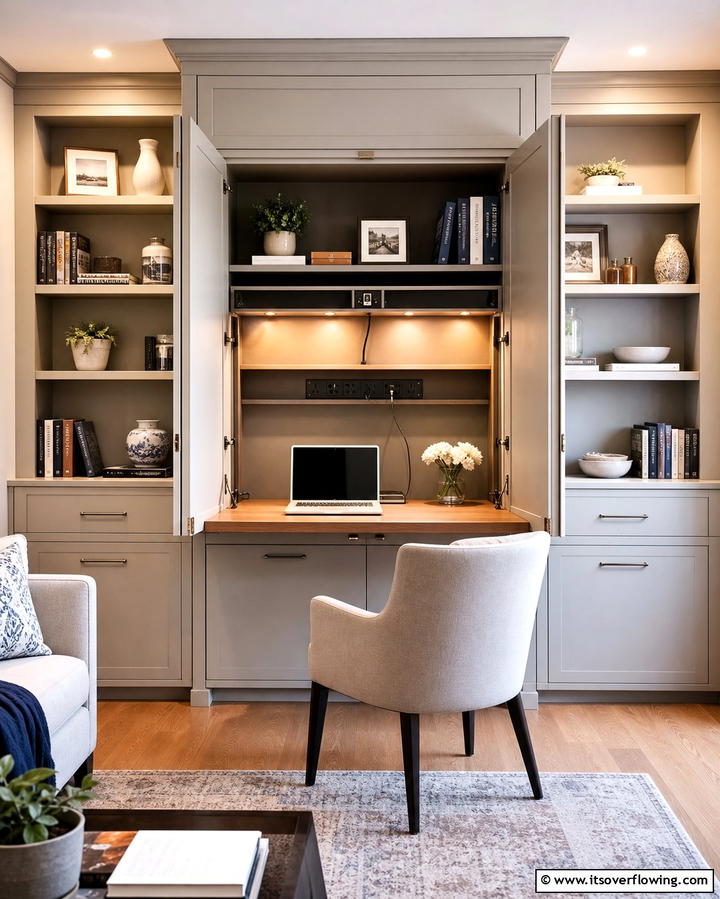 Hidden Desk in a Cabinet - 25 Desk in Living Room Ideas for Functional Spaces