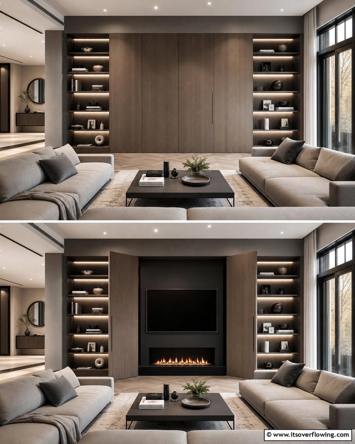 Hidden Fireplace - 21 Modern Fireplace Ideas for Cozy Contemporary Living Rooms