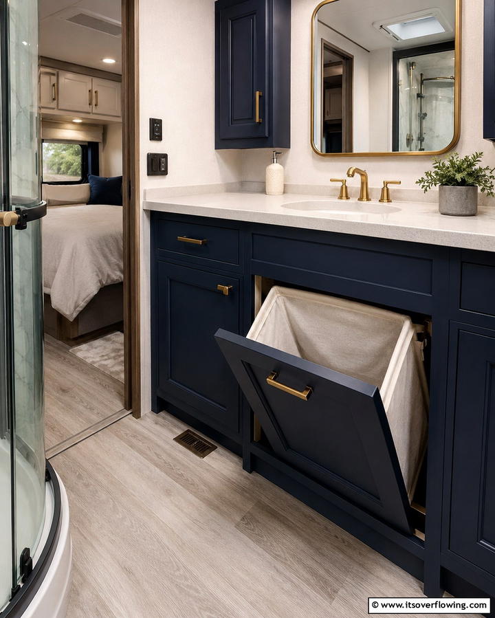 Hidden Laundry Hampers - 25 Small RV Bathroom Ideas for Compact Spaces
