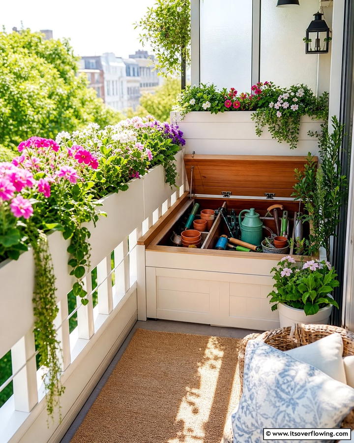 Hidden Planter Storage - 21 Small Balcony Decor Ideas for Cozy Outdoor Retreats