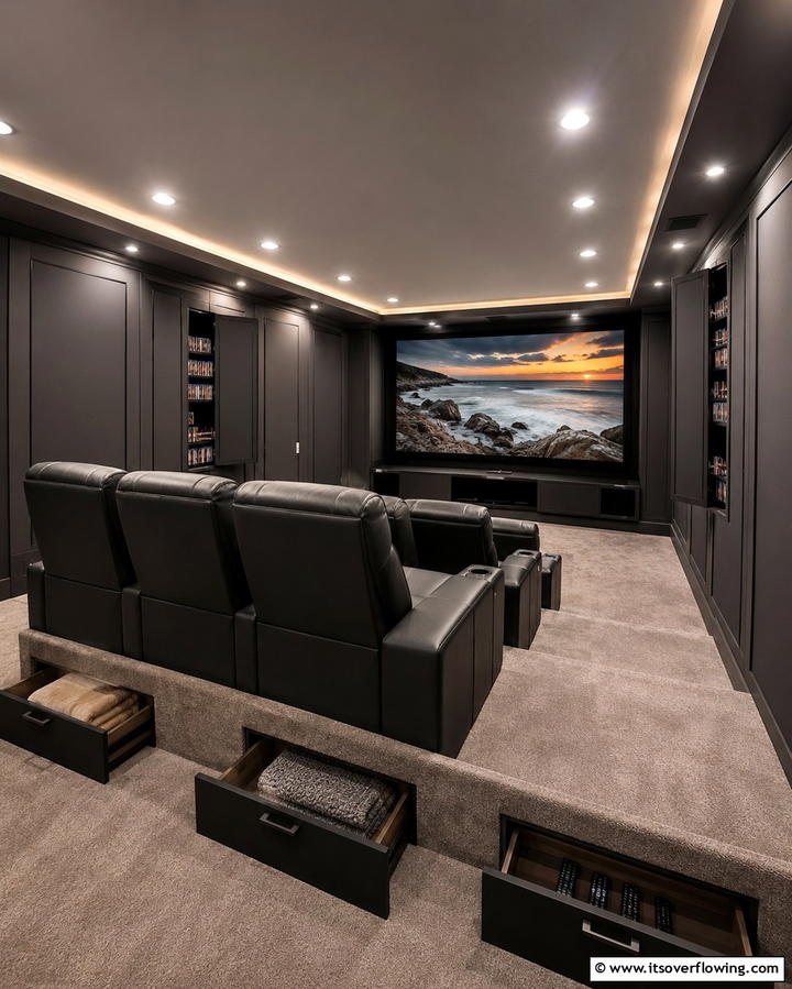 Hidden Storage Solutions for a Clutter Free Look - 25 Basement Home Theater Ideas for Movie Nights