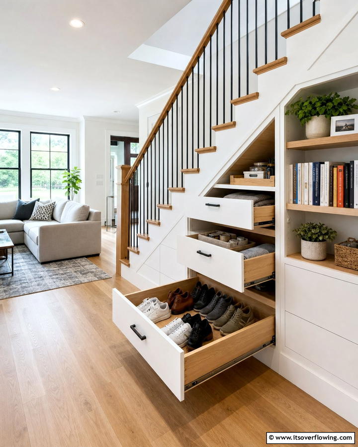 Hidden Storage Under the Stairs - 30 Living Room Storage Ideas to Declutter Your Space
