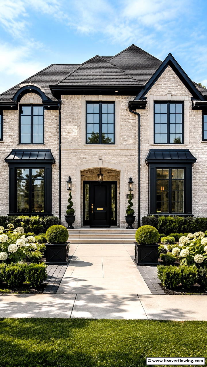 High Contrast Beige Brick and Black Accents - 30 Beige Brick Exterior Home Ideas for Warm Curb Appeal