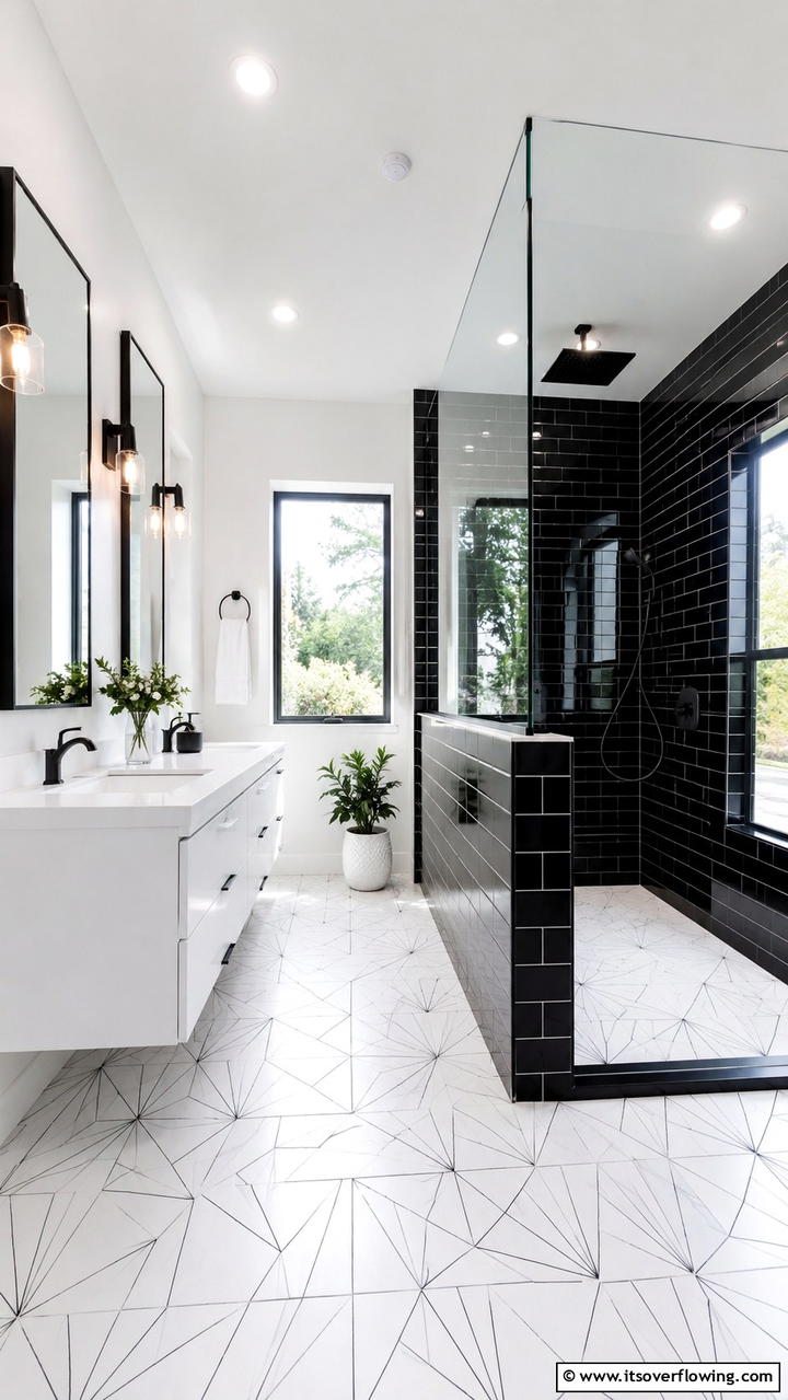 High Contrast Black and White - 30 Half-Wall Shower Ideas- Sleek Bathroom Design Solutions
