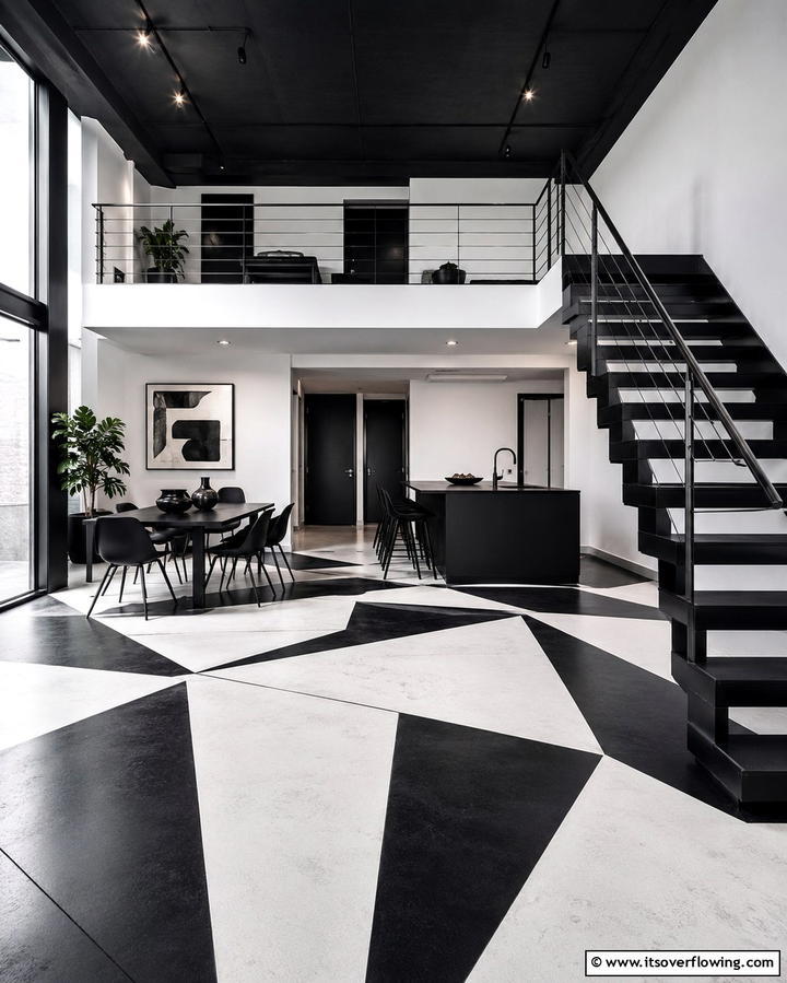 High Contrast Black and White Designs - 25 Stained Concrete Floors for a Unique Look