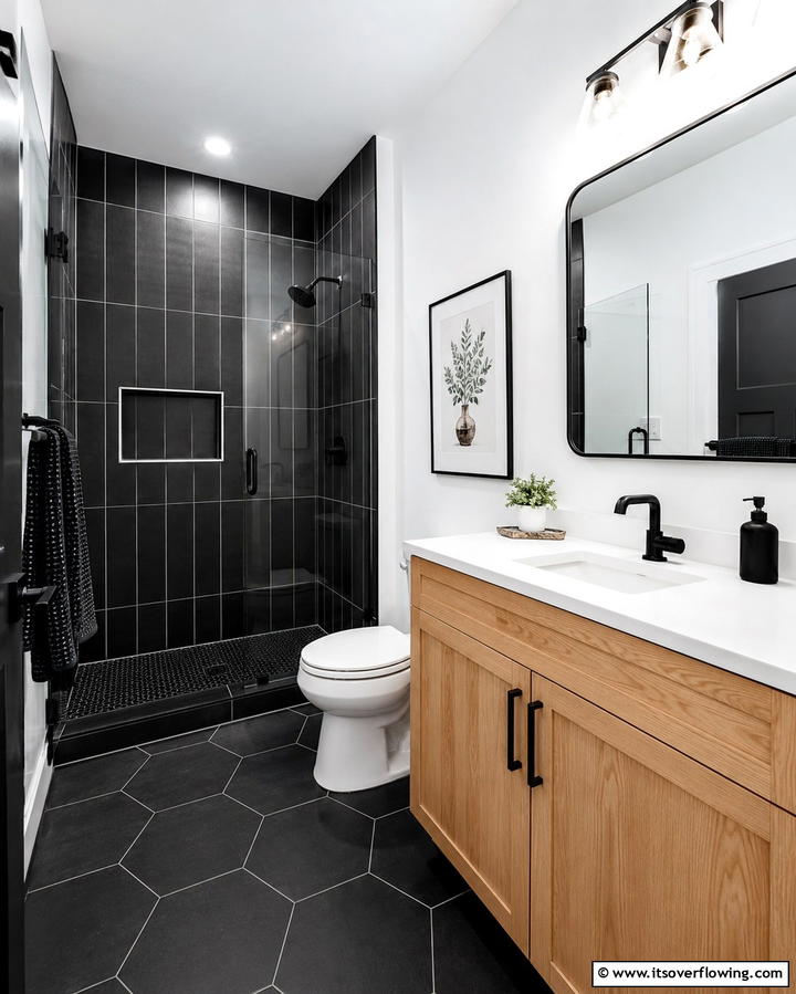 High Contrast Color Palette - 25 Small Bathroom Walk-in Shower Ideas for Compact Spaces